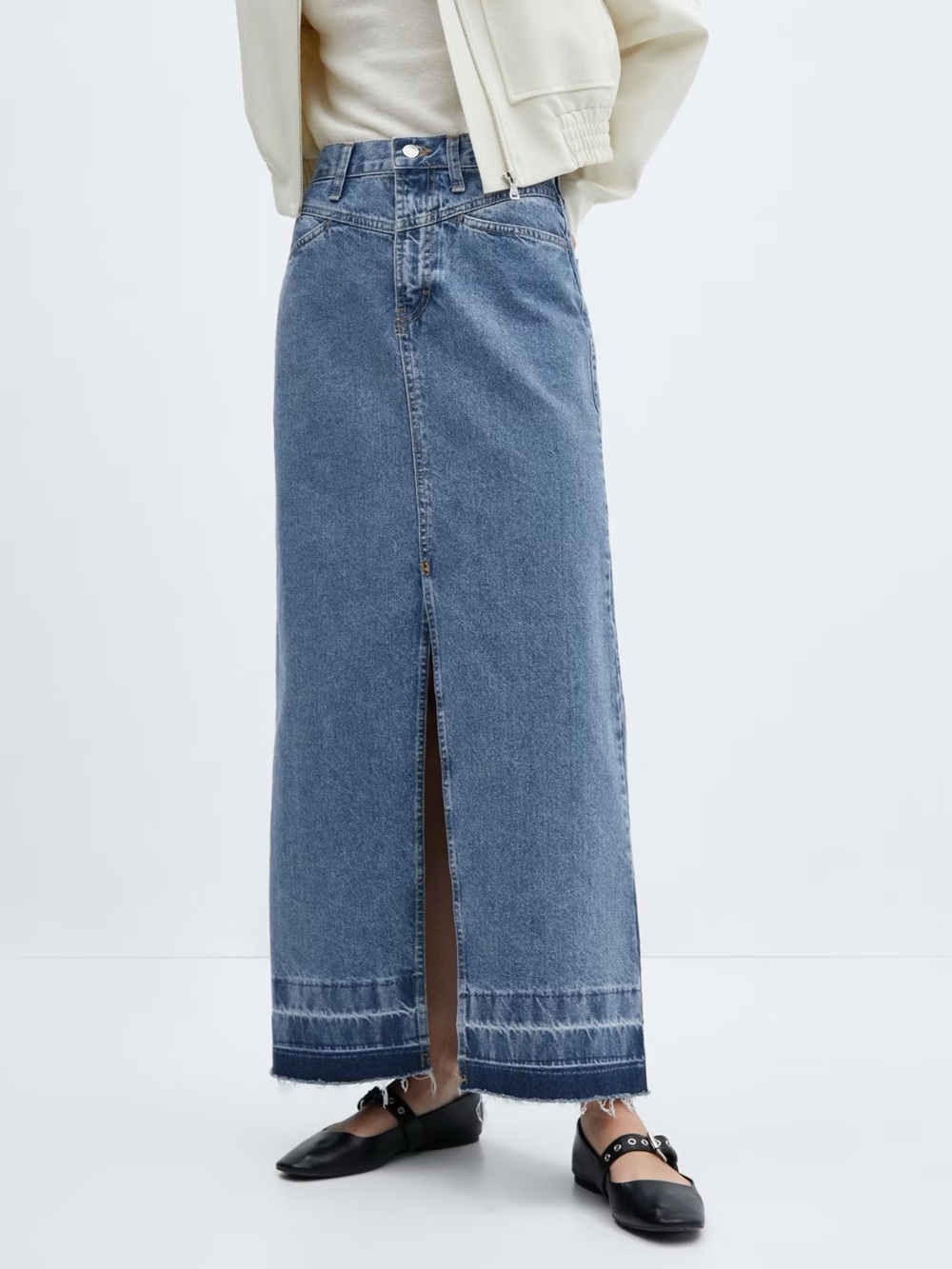 Mango Long Denim Frayed Hem Skirt